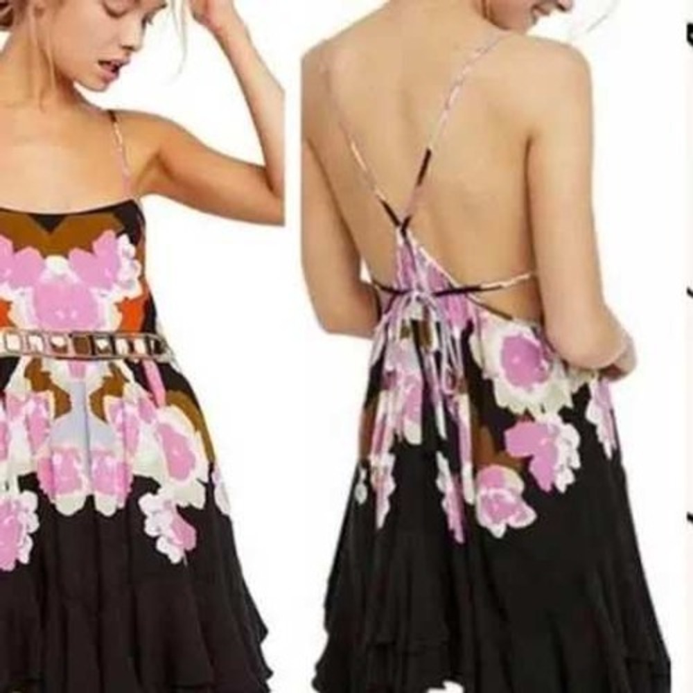 Free People Mini Dress Womens‎ Small Black Pink Floral Mirror Boho Festival